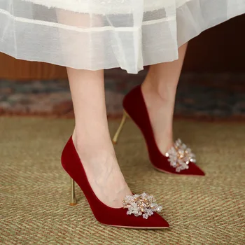 Размер от 30 до 43 Красные Свадебные туфли Обувь для вечернего платья Хрустальные туфли-лодочки для невесты Женские Туфли на высоком каблуке Со стразами Женские туфли на шпильке
