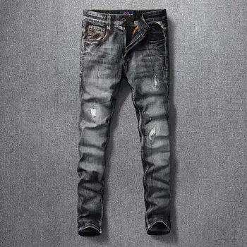 Новые дизайнерские модные мужские джинсы высокого качества в стиле ретро, черные, серые, эластичные, облегающие рваные джинсы, мужские винтажные джинсовые брюки с заплатками