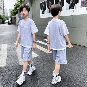 Летний спортивный костюм для мальчиков, детская футболка с коротким рукавом + шорты, 2 шт. Повседневная хлопковая уличная одежда для мальчиков-подростков 2