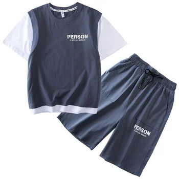 Летний спортивный костюм для мальчиков, детская футболка с коротким рукавом + шорты, 2 шт. Повседневная хлопковая уличная одежда для мальчиков-подростков 4