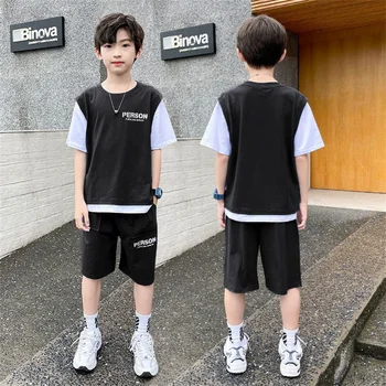 Летний спортивный костюм для мальчиков, детская футболка с коротким рукавом + шорты, 2 шт. Повседневная хлопковая уличная одежда для мальчиков-подростков 5