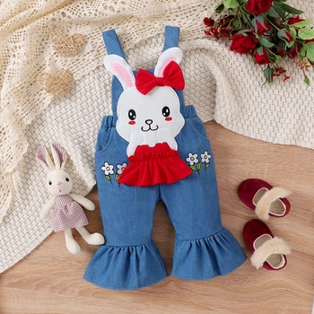Комплект одежды для маленьких девочек, комбинезон с длинными рукавами и рисунком кролика из мультфильма, Штаны, Осенний комплект одежды 0