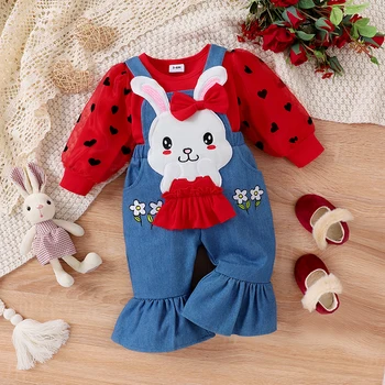 Комплект одежды для маленьких девочек, комбинезон с длинными рукавами и рисунком кролика из мультфильма, Штаны, Осенний комплект одежды 1