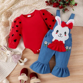 Комплект одежды для маленьких девочек, комбинезон с длинными рукавами и рисунком кролика из мультфильма, Штаны, Осенний комплект одежды 3
