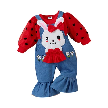 Комплект одежды для маленьких девочек, комбинезон с длинными рукавами и рисунком кролика из мультфильма, Штаны, Осенний комплект одежды 4
