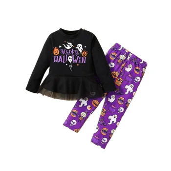 Осенний наряд на Хэллоуин для маленьких девочек, детская одежда из молочного шелка с принтом тыквы, комбинезон на подтяжках, пуловер, комплект из 2 предметов 1
