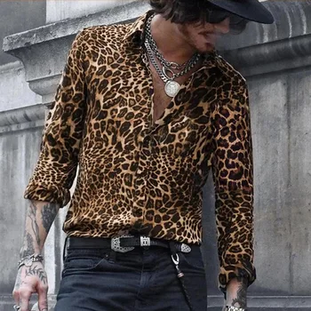 Модные роскошные мужские рубашки с леопардовым принтом, однобортные рубашки, повседневные камуфляжные рубашки с длинными рукавами и принтом Turbulence, офисные мужские топы 1