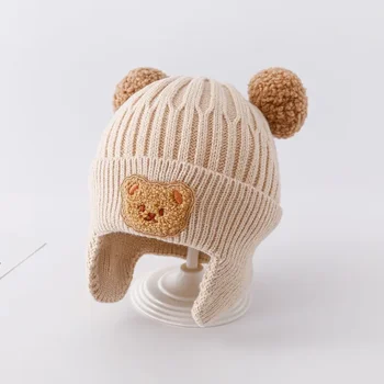 Осенне-зимняя детская защита ушей, вязаный шерстяной свитер для девочек с милым мишкой, детская шапка-пуловер для девочек