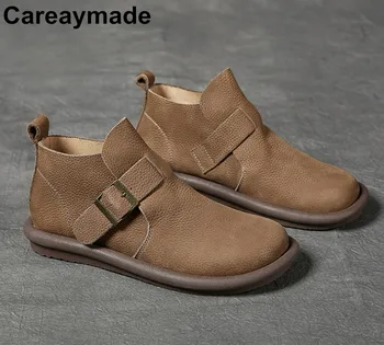 Careaymade-Женские ботинки в стиле ретро из натуральной кожи с круглым носком и широким носком из мягкой кожи, нескользящие повседневные короткие ботинки