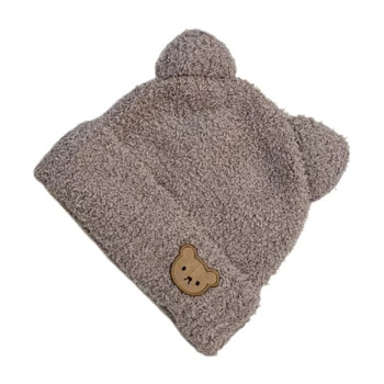 Детская вязаная шапка N80C с плюшевым мишкой для защиты ушей, шапочка для мальчиков и девочек, осенне-зимняя теплая однотонная шапка-пуловер с завитками