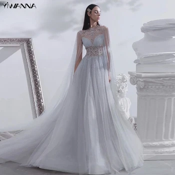 Скромное свадебное платье с высоким воротником, блестящие пайетки, Серебряный хрусталь, свадебное платье элегантного силуэта, длинный халат невесты, Vestidos De Novia