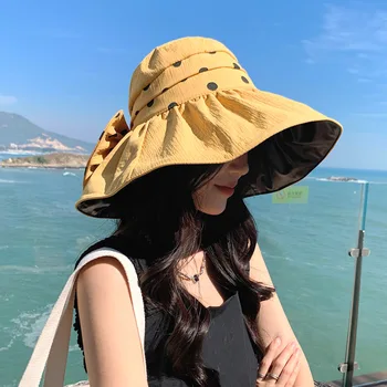 2023 Летняя женская виниловая шляпа в горошек в корейском стиле с большими полями для путешествий, отдыха на открытом воздухе, новая солнцезащитная шляпа