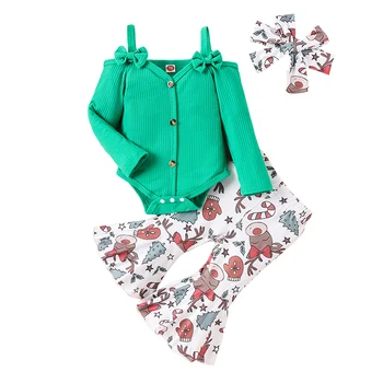 Комплект одежды из 3 предметов для новорожденных девочек, Рождественский комбинезон в рубчик с длинными рукавами и расклешенные брюки, комплект повязки на голову, детские костюмы 4