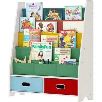 Детская книжная полка SEIRIONE, стеллаж для детской выставки товаров, 4 слинга и 2 коробки для хранения игрушек, органайзер, белый