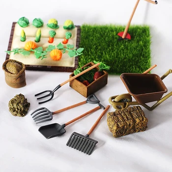 1 комплект миниатюрного фермерского инструмента для кукольного домика, Садовая лопата, грабли, газонокосилка, модель овощей, инструмент для сцены посадки на открытом воздухе.