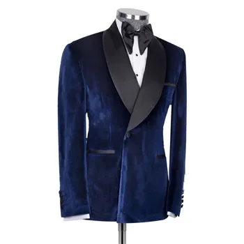 Бархатные мужские костюмы Slim Fit, комплект из 2 предметов с расширенной настройкой, мужской блейзер/синий свадебный костюм жениха с курткой и брюками 1