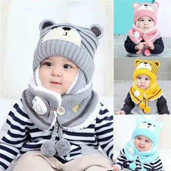 Теплый зимний шарф для малышей для мальчиков и девочек, детская Шапочка-бини, Детская Шапка-шарф, комплект с мишкой-наушником 0