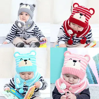 Теплый зимний шарф для малышей для мальчиков и девочек, детская Шапочка-бини, Детская Шапка-шарф, комплект с мишкой-наушником 3
