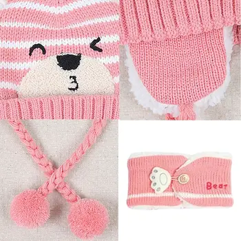 Теплый зимний шарф для малышей для мальчиков и девочек, детская Шапочка-бини, Детская Шапка-шарф, комплект с мишкой-наушником 4