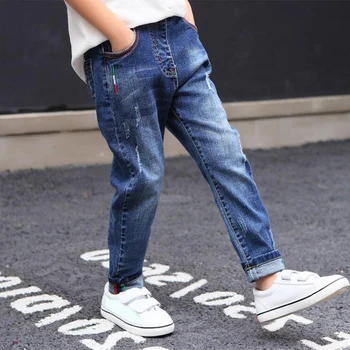 Модные джинсы IENENS для детей, джинсовые длинные брюки для мальчиков, весенне-осенние узкие джинсы, ковбойские брюки для мальчиков, брюки с эластичной резинкой на талии