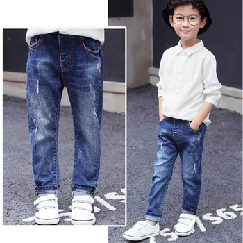 Модные джинсы IENENS для детей, джинсовые длинные брюки для мальчиков, весенне-осенние узкие джинсы, ковбойские брюки для мальчиков, брюки с эластичной резинкой на талии 2