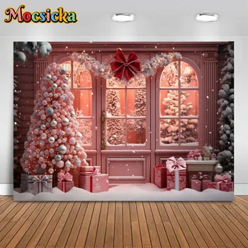 Фон для рождественской фотосъемки Mocsicka, сцена из розового окна, Рождественская елка, вечеринка по случаю дня рождения девочки, детская портретная фотобудка, студия