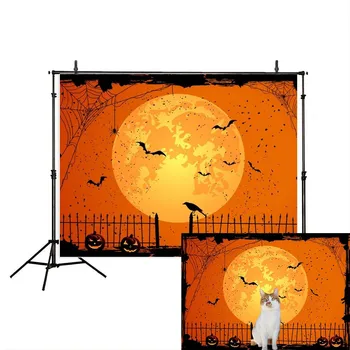 Счастливый Хэллоуин Оранжевый Фон Ева Фонарь Луна Летучая Мышь Паутина Кладбище Забор Фотография Фон Украшение Вечеринки Баннер 1