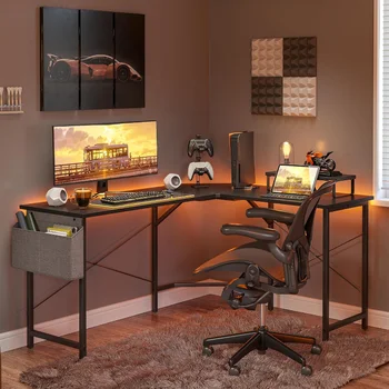 Игровой стол CubiCubi L-образной формы, 66,9-дюймовый компьютерный угловой стол с полкой для монитора для домашнего офиса