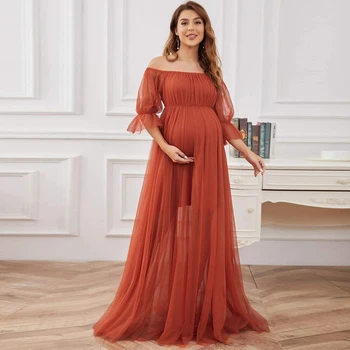 Трапециевидное тюлевое Богемное платье для беременных с открытыми плечами для детского душа, Реквизит для фотосъемки беременных, платья для беременных женщин 1