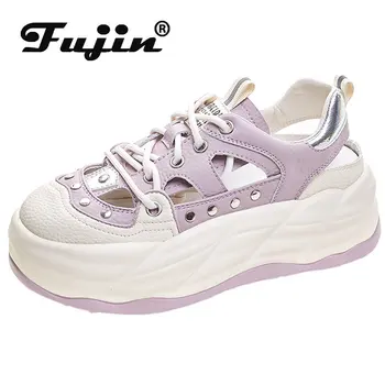 Fujin 6 см Замшевые кроссовки из натуральной кожи на платформе и танкетке, Сандалии с металлическим украшением, женские удобные летние полые туфли в римском стиле