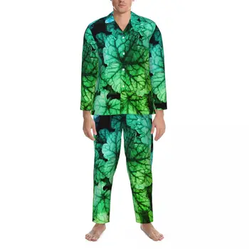 Пижамы с принтом зеленых листьев, осенняя пышная листва, Винтажные пижамные комплекты оверсайз, мужской милый мягкий домашний костюм для отдыха на заказ