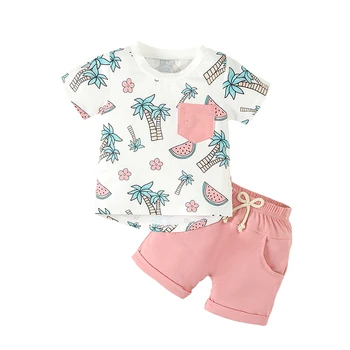 Летняя одежда для мальчика, гавайская футболка с короткими рукавами в виде пальмы и шорты на завязках, комплект летней одежды 0