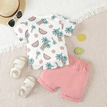Летняя одежда для мальчика, гавайская футболка с короткими рукавами в виде пальмы и шорты на завязках, комплект летней одежды 1