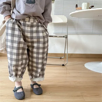 Хлопковые брюки с эластичной резинкой на талии в корейском стиле для маленьких мальчиков и девочек, весенне-осенние детские свободные повседневные брюки 4