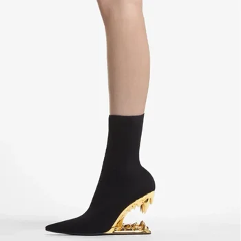 Новые женские короткие ботинки из вязаной лакированной кожи в американском стиле, модные ботильоны на высоком каблуке с заостренными боковыми зубцами на молнии