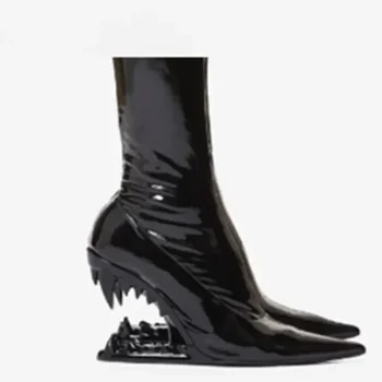 Новые женские короткие ботинки из вязаной лакированной кожи в американском стиле, модные ботильоны на высоком каблуке с заостренными боковыми зубцами на молнии 1