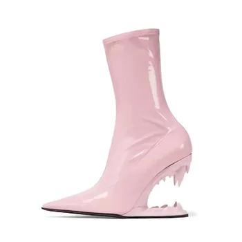 Новые женские короткие ботинки из вязаной лакированной кожи в американском стиле, модные ботильоны на высоком каблуке с заостренными боковыми зубцами на молнии 2