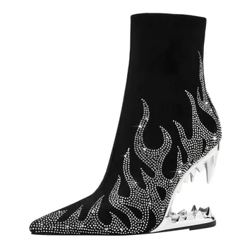 Новые женские короткие ботинки из вязаной лакированной кожи в американском стиле, модные ботильоны на высоком каблуке с заостренными боковыми зубцами на молнии 3