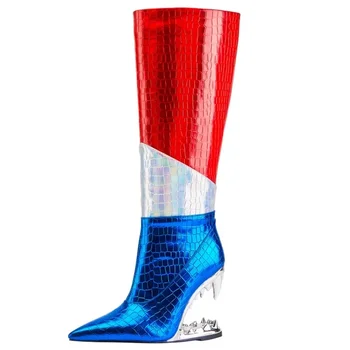 Новые женские короткие ботинки из вязаной лакированной кожи в американском стиле, модные ботильоны на высоком каблуке с заостренными боковыми зубцами на молнии 4