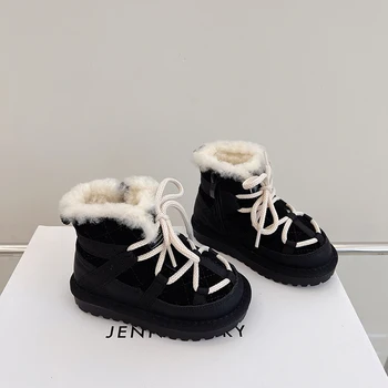 Зимние теплые плюшевые ботинки с подкладкой для мальчиков и девочек, нескользящие кожаные зимние ботинки для малышей, водонепроницаемые уличные меховые зимние ботинки для детей 4