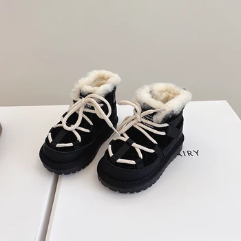 Зимние теплые плюшевые ботинки с подкладкой для мальчиков и девочек, нескользящие кожаные зимние ботинки для малышей, водонепроницаемые уличные меховые зимние ботинки для детей 5