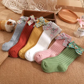 Милые носки для маленьких девочек с цветочным бантом, носки до колена, Мягкие хлопковые детские носки в полоску, Детские носки в стиле принцессы для 0-5 лет 1