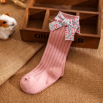 Милые носки для маленьких девочек с цветочным бантом, носки до колена, Мягкие хлопковые детские носки в полоску, Детские носки в стиле принцессы для 0-5 лет 5