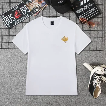 Летние мужские повседневные футболки с вышивкой в виде белых кленовых листьев, Хлопчатобумажная уличная одежда, футболки с коротким рукавом 0