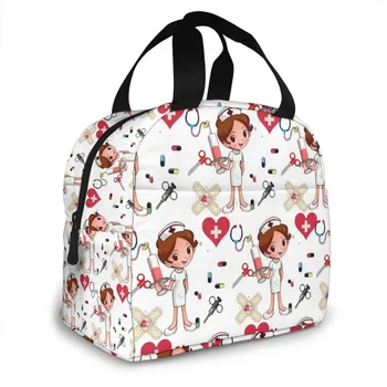 Портативная сумка для ланча с рисунком мультяшной медсестры Термоизолированная сумка-холодильник для ланча Сумка-бенто Контейнер для школьных продуктов 1