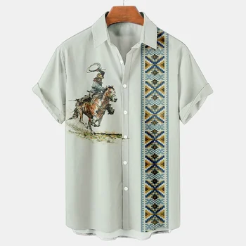 Летняя мужская джинсовая гавайская этническая рубашка с 3D-принтом 2024 года, ретро-одежда, Повседневная Простая уличная одежда с короткими рукавами и лацканами на пуговицах