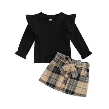 Осенне-зимняя одежда для маленьких девочек с оборками, длинный рукав, однотонная юбка в рубчик на верхней пуговице, мини-клетчатая юбка с поясом, комплект одежды из 2 предметов 0