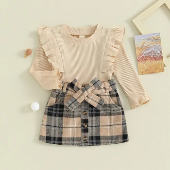 Осенне-зимняя одежда для маленьких девочек с оборками, длинный рукав, однотонная юбка в рубчик на верхней пуговице, мини-клетчатая юбка с поясом, комплект одежды из 2 предметов 1