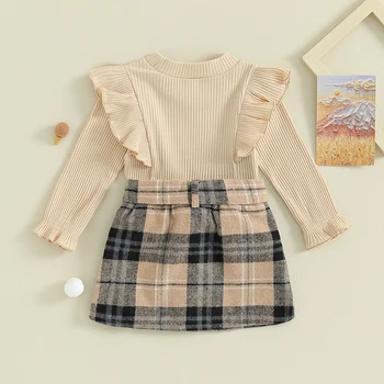Осенне-зимняя одежда для маленьких девочек с оборками, длинный рукав, однотонная юбка в рубчик на верхней пуговице, мини-клетчатая юбка с поясом, комплект одежды из 2 предметов 2