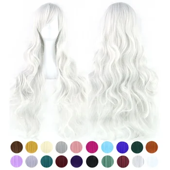 30 цветов Длинных волнистых синтетических волос, серебристо-белый парик для косплея с челкой, красочные парики для костюмов на Хэллоуин для девочек 0